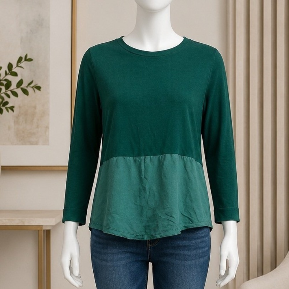 COS Women Blouse Mixed Media Silk Hem Button Back Green Small